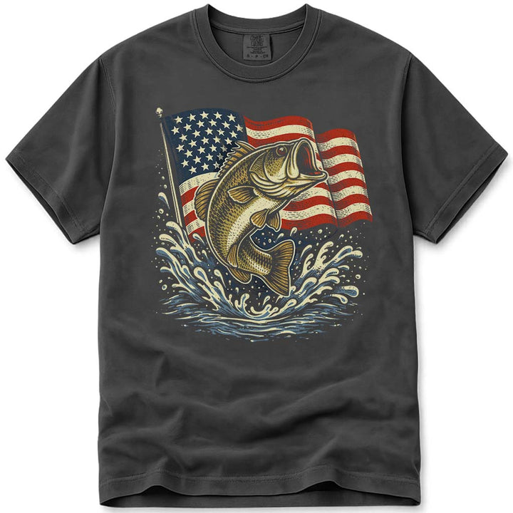 Patriotic USA Flag Bass Fishing Tee - Pepper
