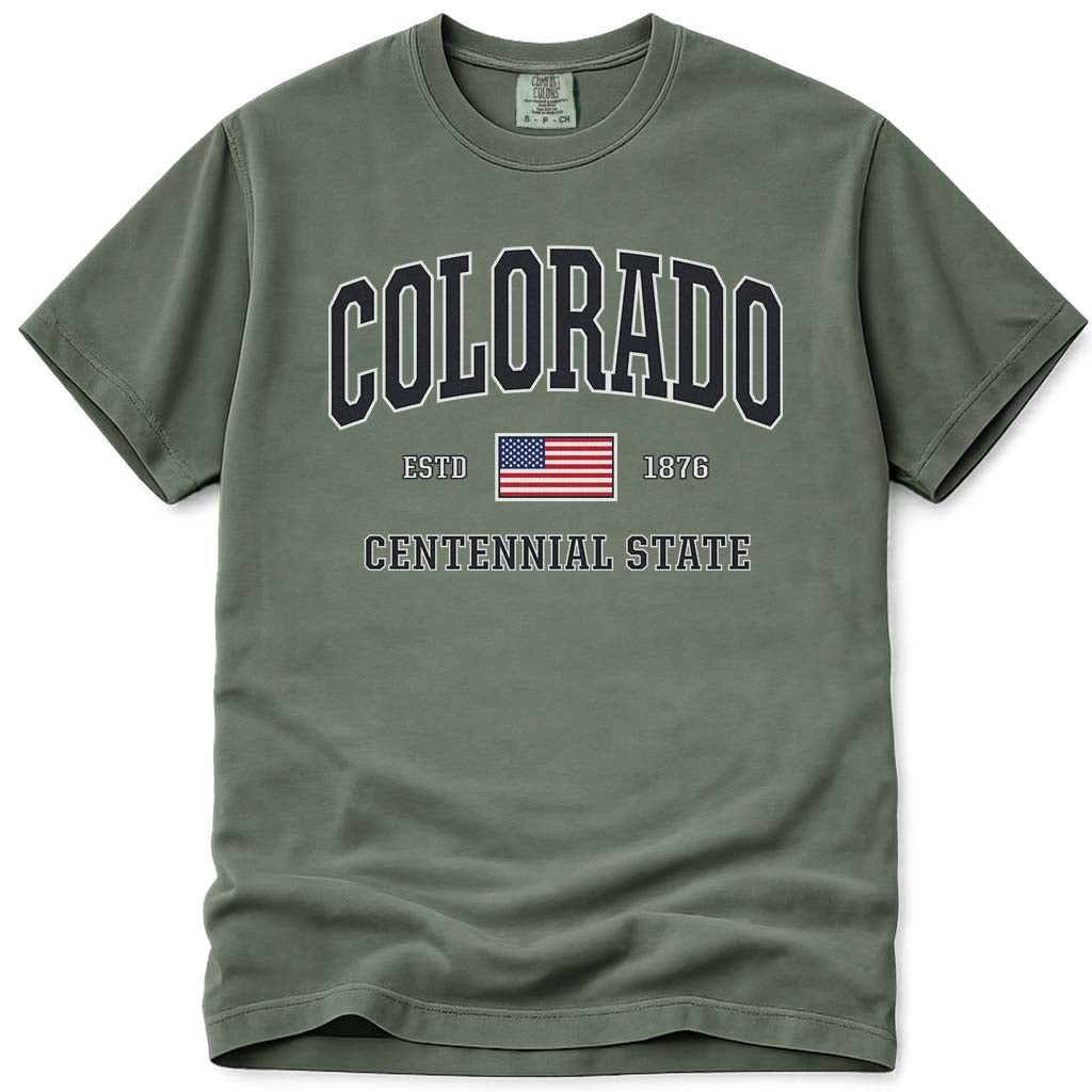 Patriotic 4th of July Colorado USA Flag T Shirt - Moss