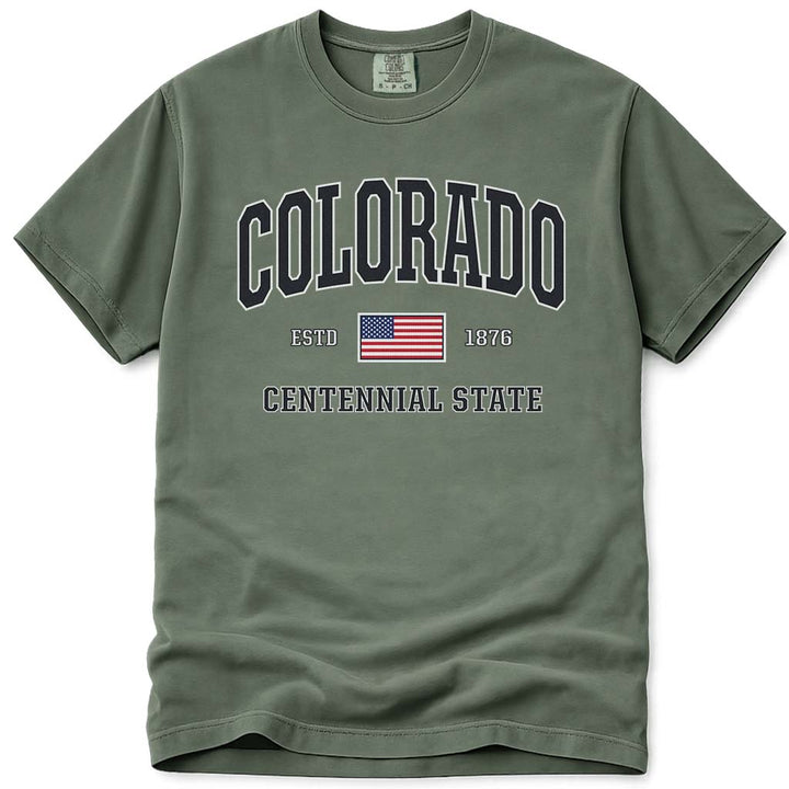 Patriotic 4th of July Colorado USA Flag T Shirt - Moss