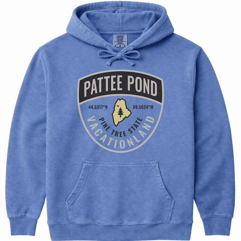 Pattee Pond Maine Guide Badge Hoodie - Flo Blue
