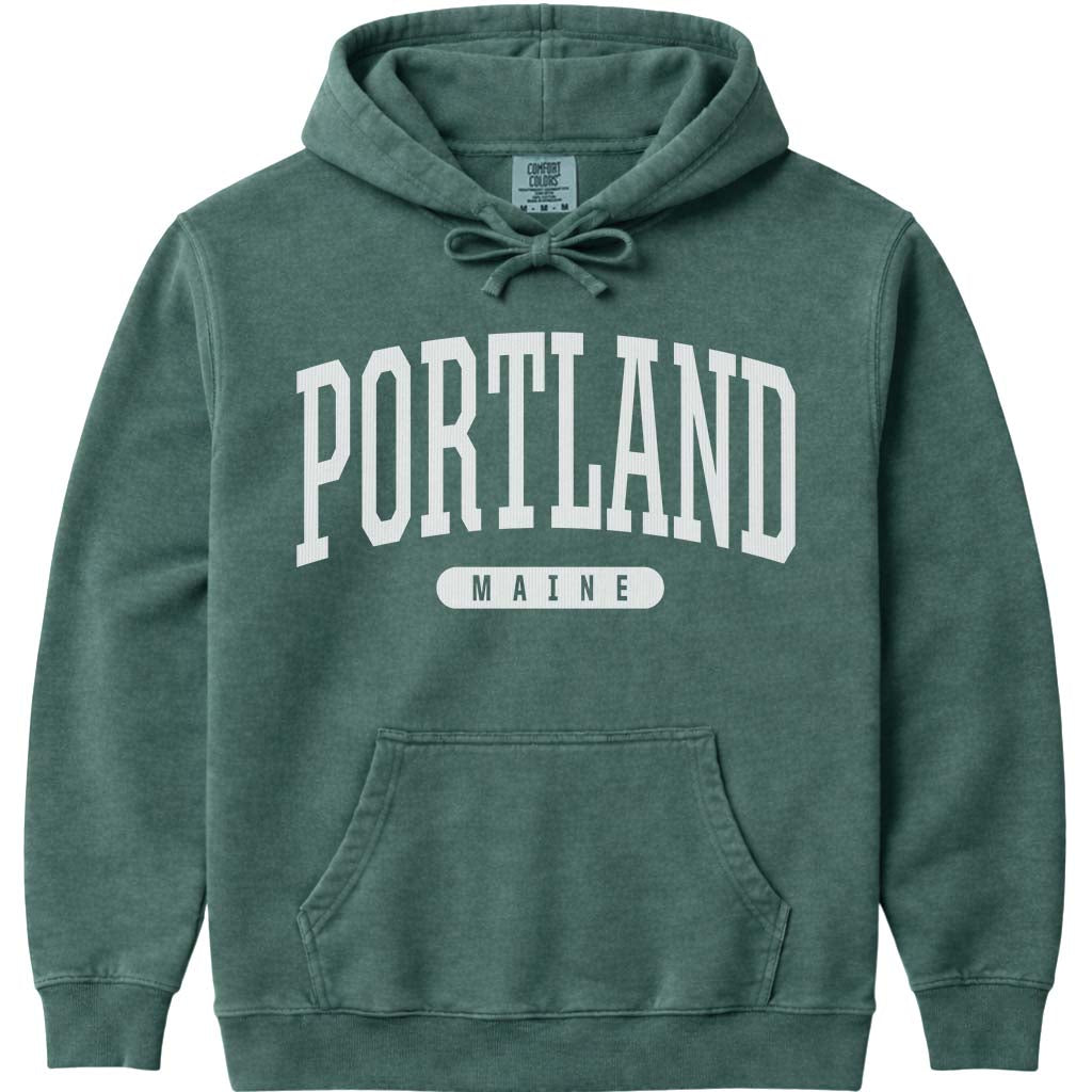Portland Maine Arched Letter Hoodie Sweatshirt - Blue Spruce