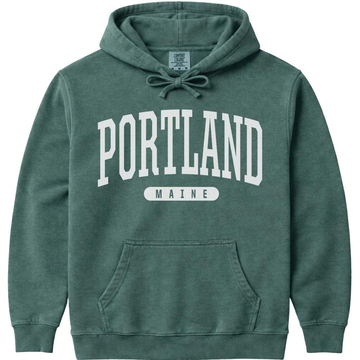 Portland Maine Arched Letter Hoodie Sweatshirt - Blue Spruce