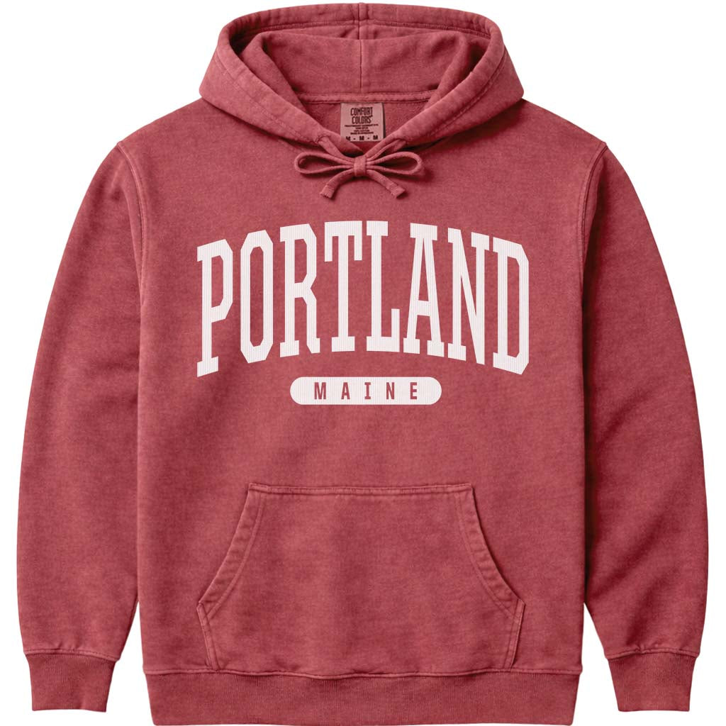 Portland Maine Arched Letter Hoodie Sweatshirt - Crimson