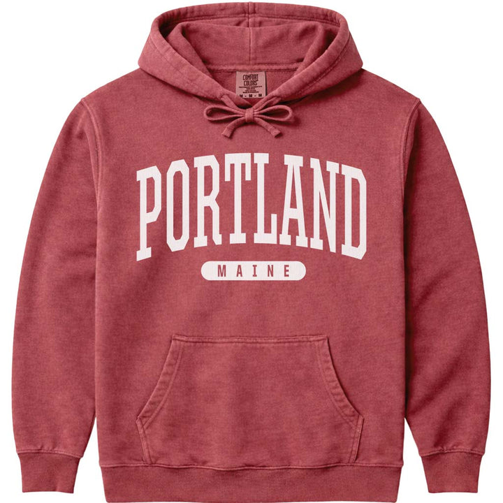 Portland Maine Arched Letter Hoodie Sweatshirt - Crimson