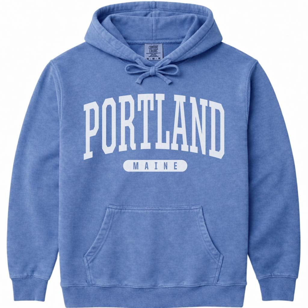 Portland Maine Arched Letter Hoodie Sweatshirt - Flo Blue