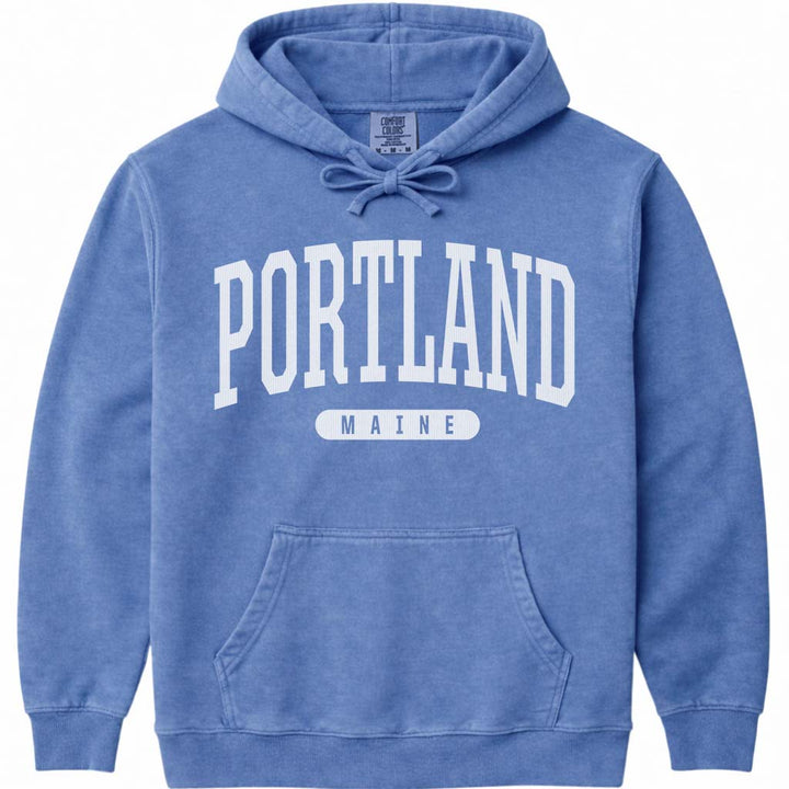 Portland Maine Arched Letter Hoodie Sweatshirt - Flo Blue