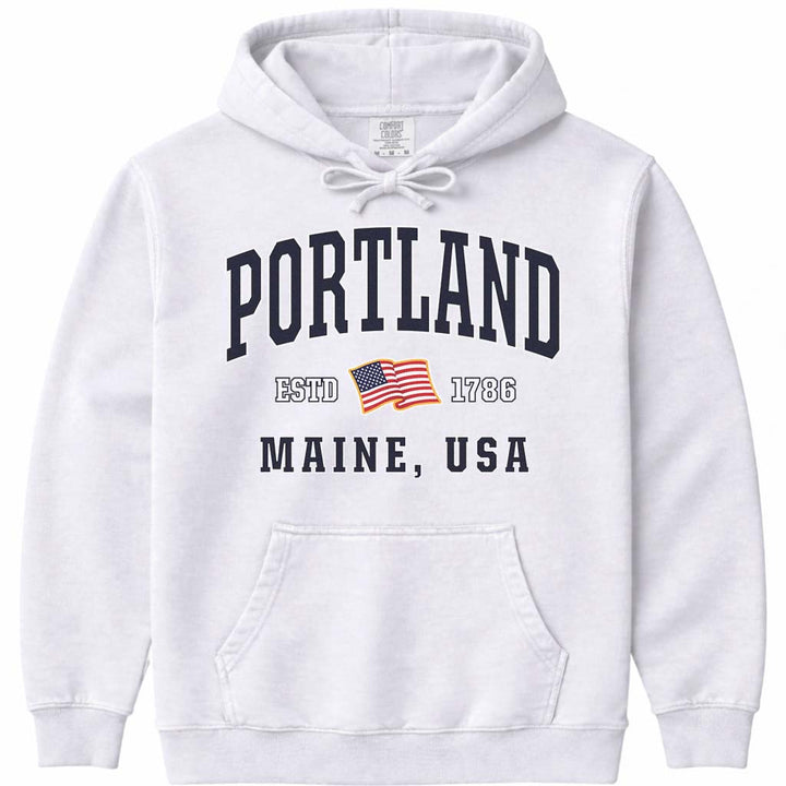 Portland Maine USA Flag Hoodie Sweatshirt - White