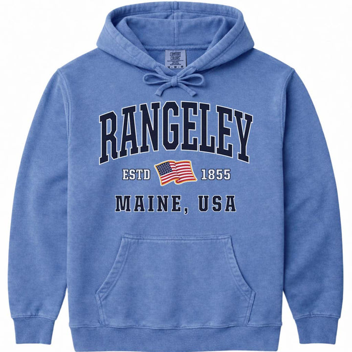 USA Flag Rangeley Maine Hooded Sweatshirt - Flo Blue