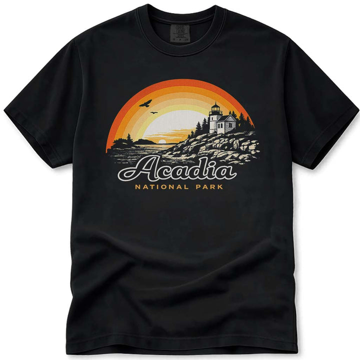 Retro Sunset Acadia National Park T-Shirt, Vintage Maine Lighthouse Tee - Black
