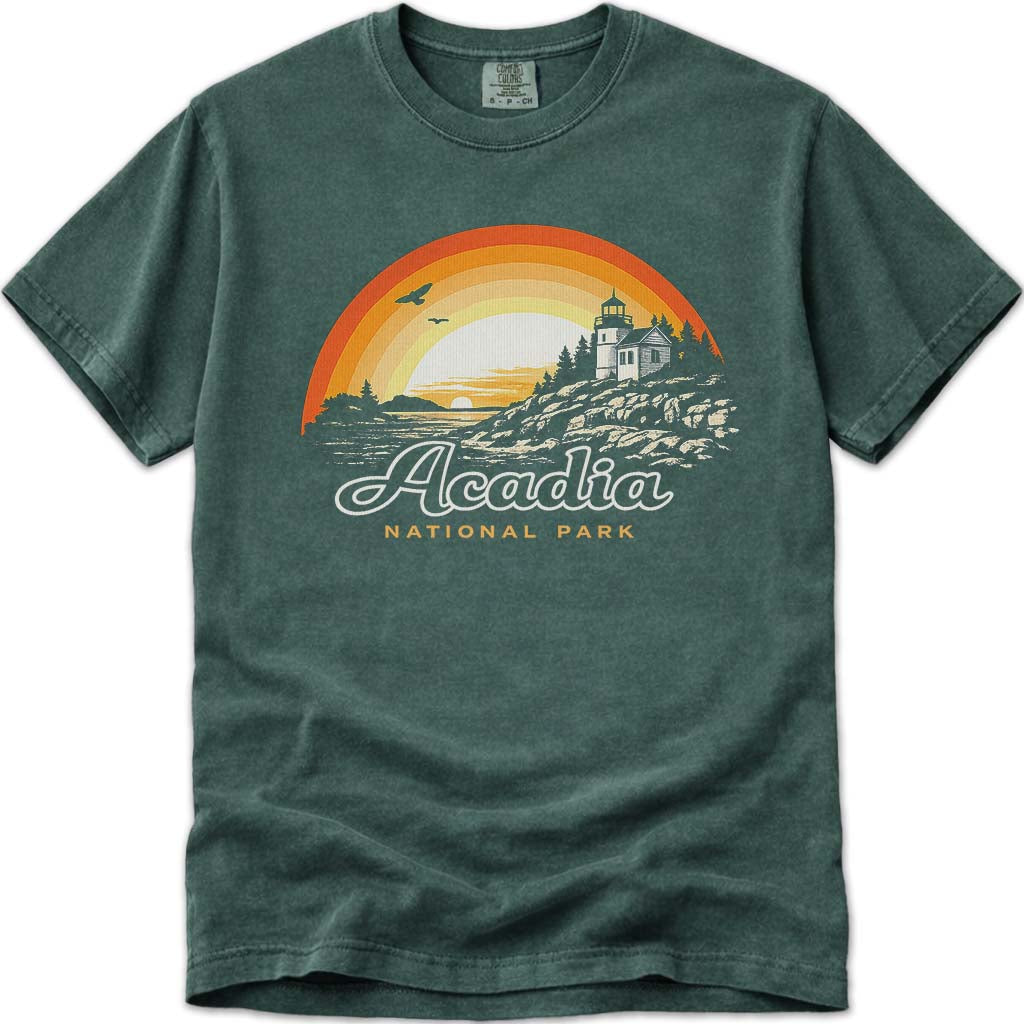 Retro Sunset Acadia National Park T-Shirt, Vintage Maine Lighthouse Tee - Blue Spruce