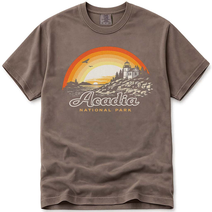 Retro Sunset Acadia National Park T-Shirt, Vintage Maine Lighthouse Tee - Espresso
