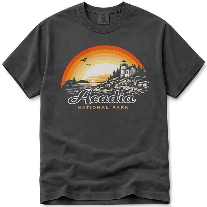 Retro Sunset Acadia National Park T-Shirt, Vintage Maine Lighthouse Tee - Pepper