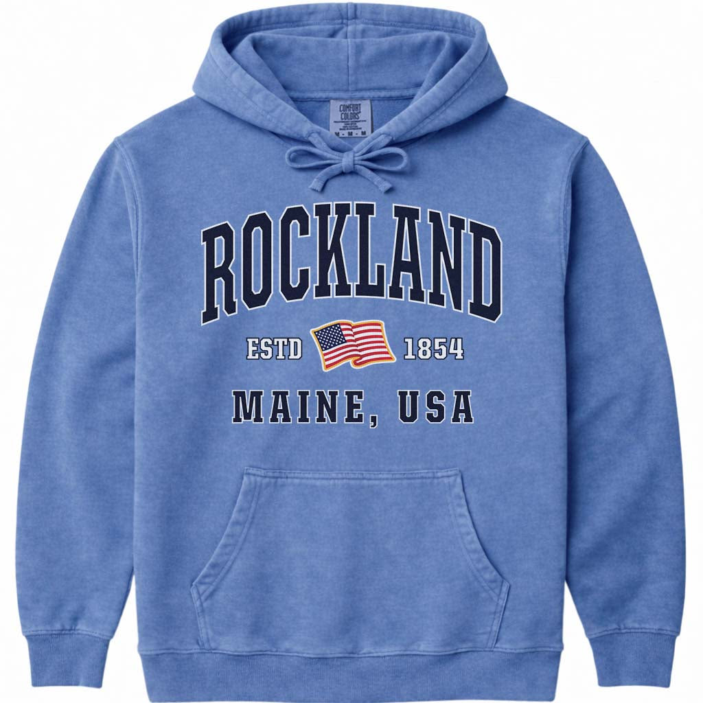 Rockland Maine USA Flag Hooded Sweatshirt - Flo Blue