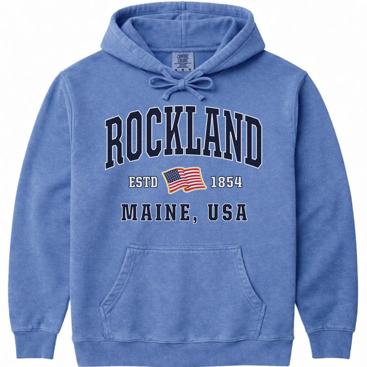 Rockland Maine USA Flag Hooded Sweatshirt - Flo Blue