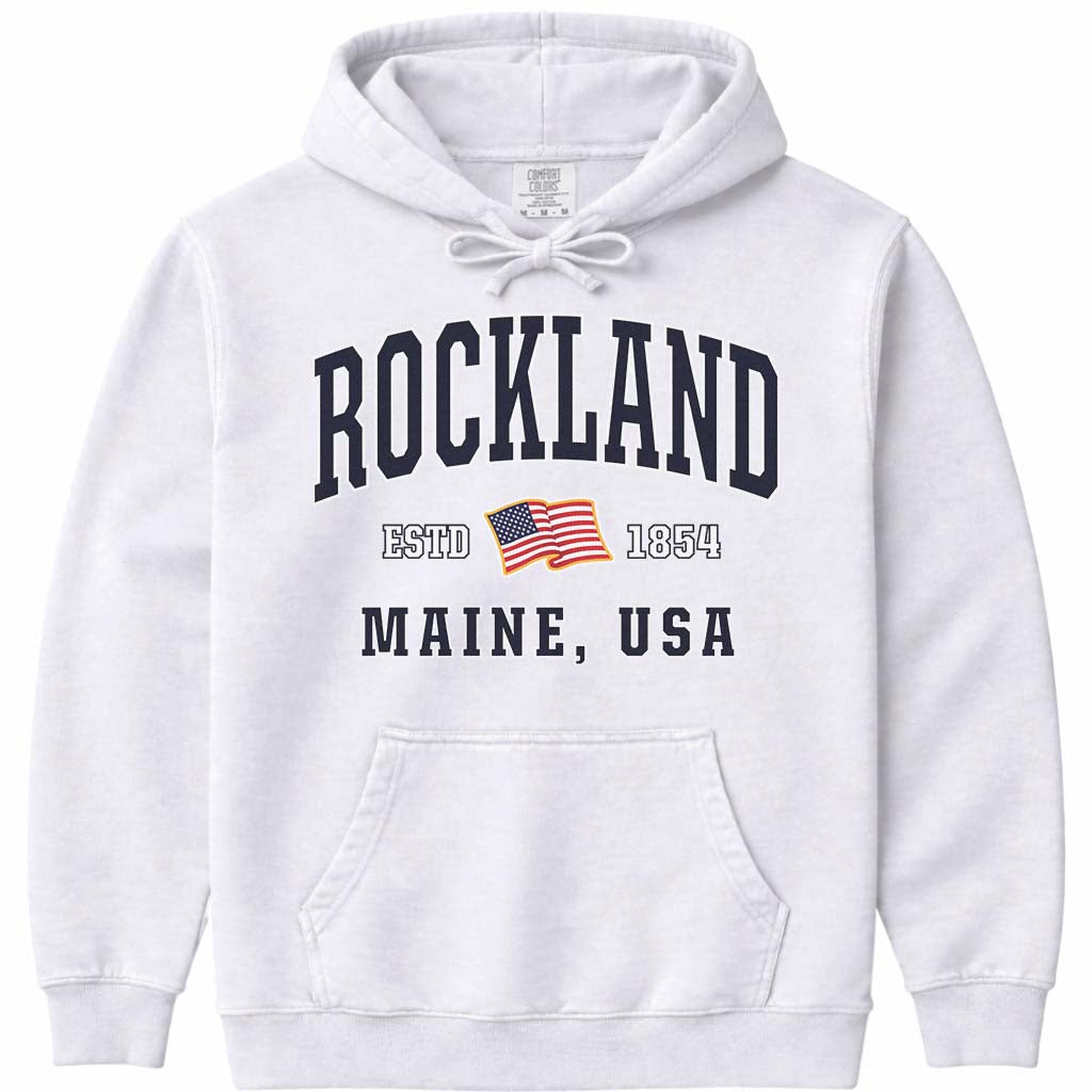 Rockland Maine USA Flag Hooded Sweatshirt - White