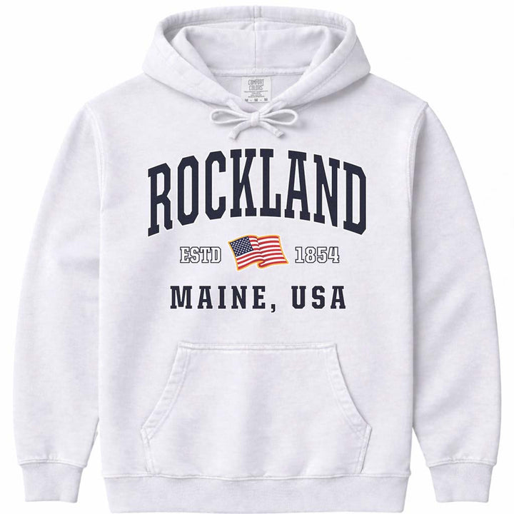 Rockland Maine USA Flag Hooded Sweatshirt - White