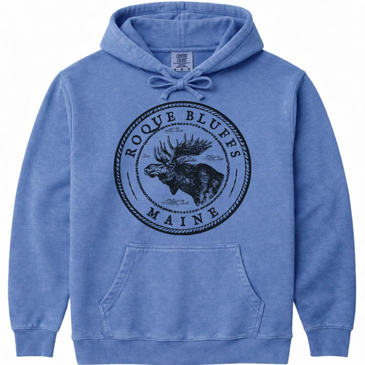 Roque Bluffs Moose Sweatshirt | Vintage Maine Moose Art Hoodie - Flo Blue