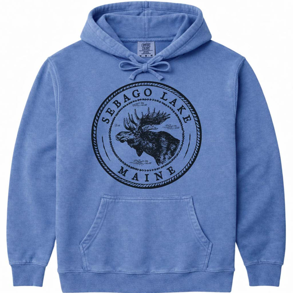 Sebago Lake Moose Sweatshirt | Vintage Maine Moose Art Hoodie - Flo Blue