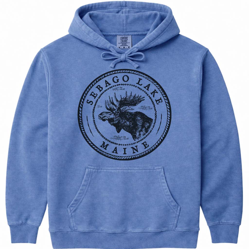 Sebago Lake Moose Sweatshirt | Vintage Maine Moose Art Hoodie - Flo Blue