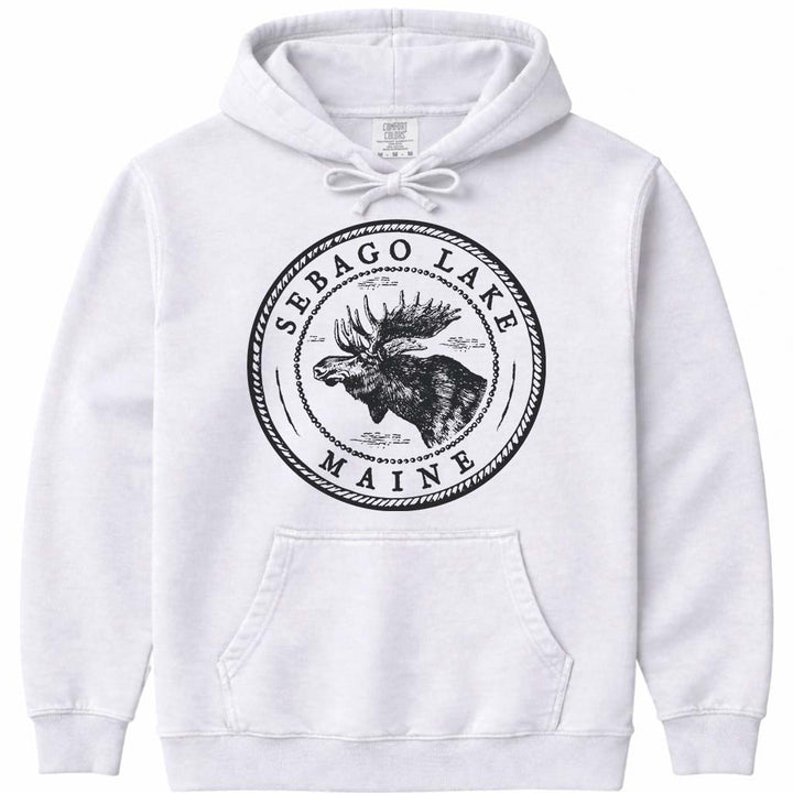 Sebago Lake Moose Sweatshirt | Vintage Maine Moose Art Hoodie - White