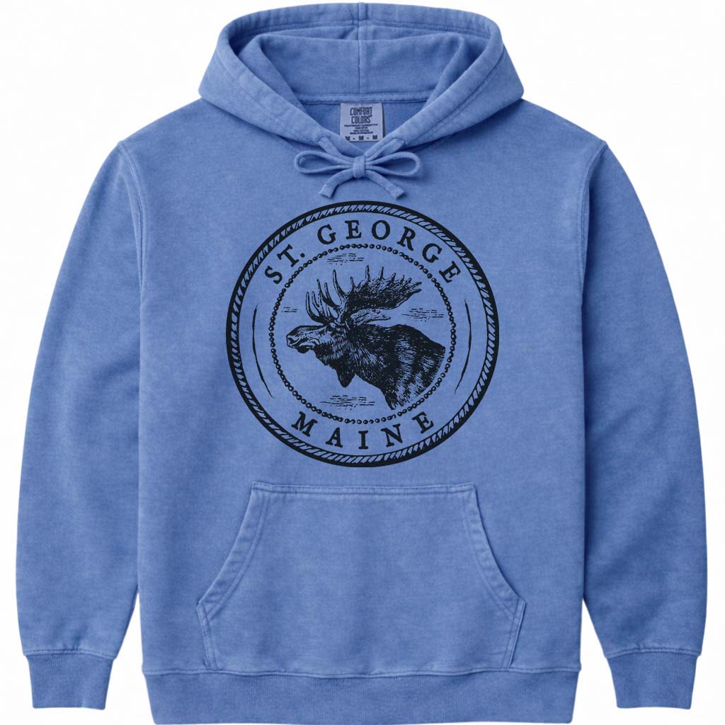 St. George Moose Sweatshirt | Vintage Maine Moose Art Hoodie - Flo Blue