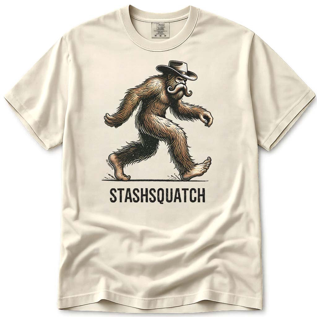 Stashquat Funny Western Mustache Cowboy Bigfoot T-Shirt - Ivory