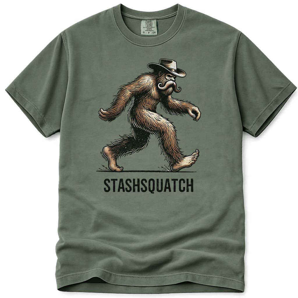 Stashquat Funny Western Mustache Cowboy Bigfoot T-Shirt - Moss