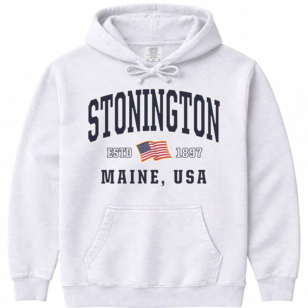 USA Flag Stonington Maine Hooded Sweatshirt - White
