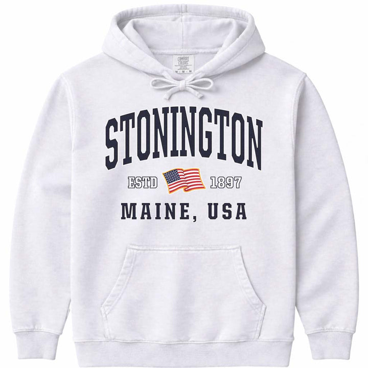 USA Flag Stonington Maine Hooded Sweatshirt - White