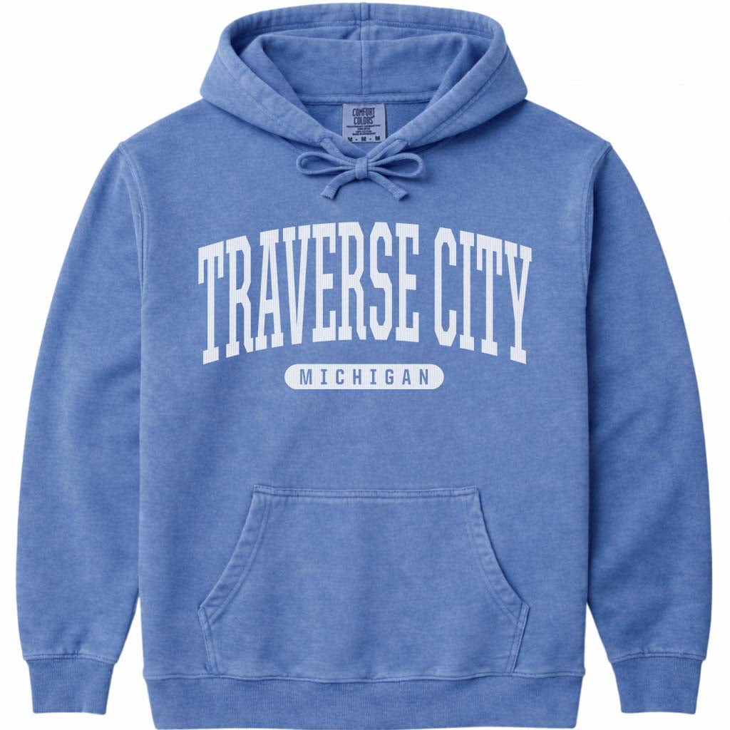 Traverse City Michigan Hooded Sweatshirt - Flo Blue