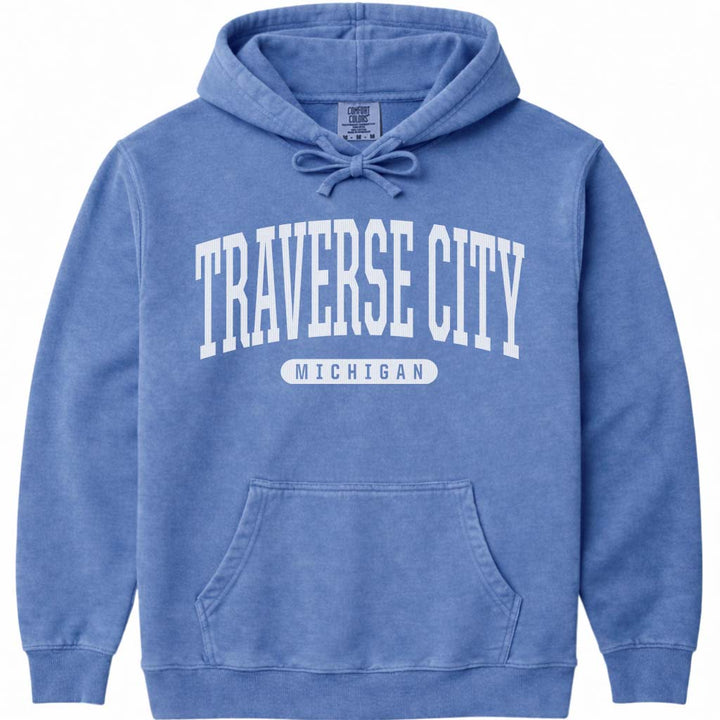 Traverse City Michigan Hooded Sweatshirt - Flo Blue