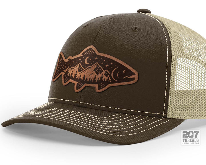 Trout Fishing Hat, Wilderness Leather Patch Trucker Cap - Brown Khaki