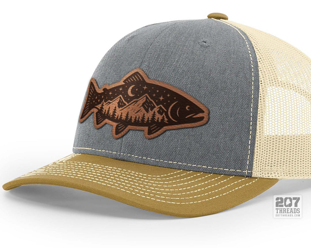 Trout Fishing Hat, Wilderness Leather Patch Trucker Cap - Heather Grey Birch Amber Gold