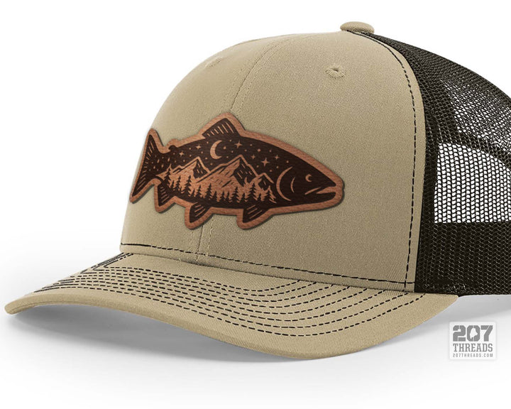 Trout Fishing Hat, Wilderness Leather Patch Trucker Cap - Khaki Coffee