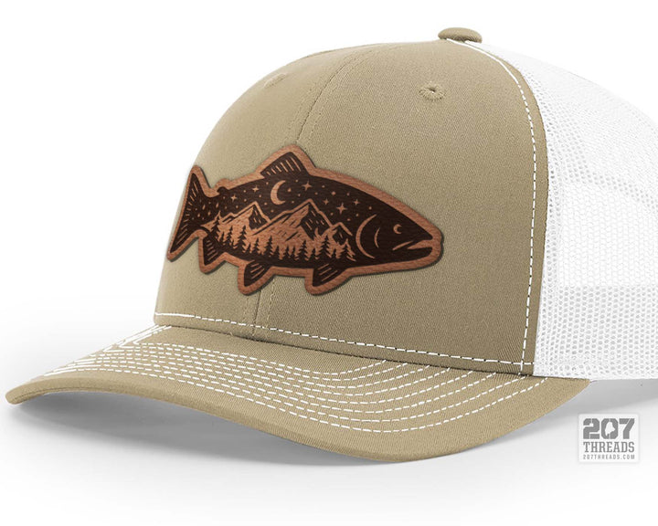 Trout Fishing Hat, Wilderness Leather Patch Trucker Cap - Khaki White