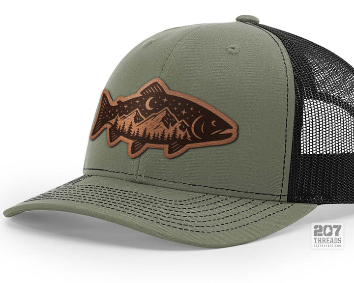 Trout Fishing Hat, Wilderness Leather Patch Trucker Cap - Loden Black