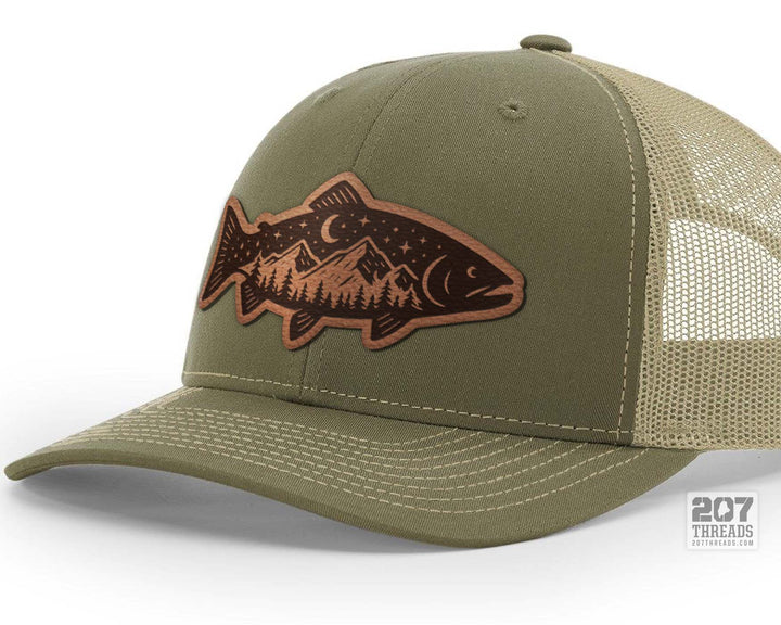 Trout Fishing Hat, Wilderness Leather Patch Trucker Cap - Loden Khaki