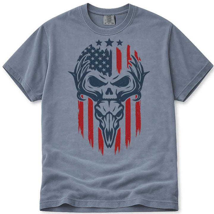 USA Patriotic Deer Skull Hunting T Shirt - Blue Jean