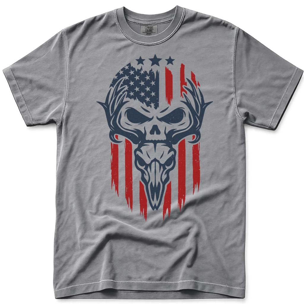 USA Patriotic Deer Skull Hunting T Shirt - Grey