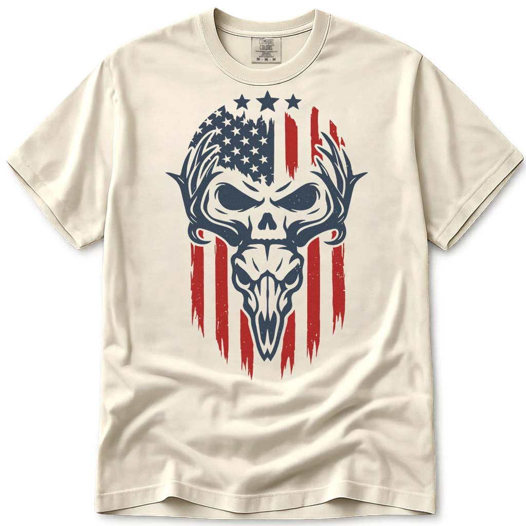 USA Patriotic Deer Skull Hunting T Shirt - Ivory