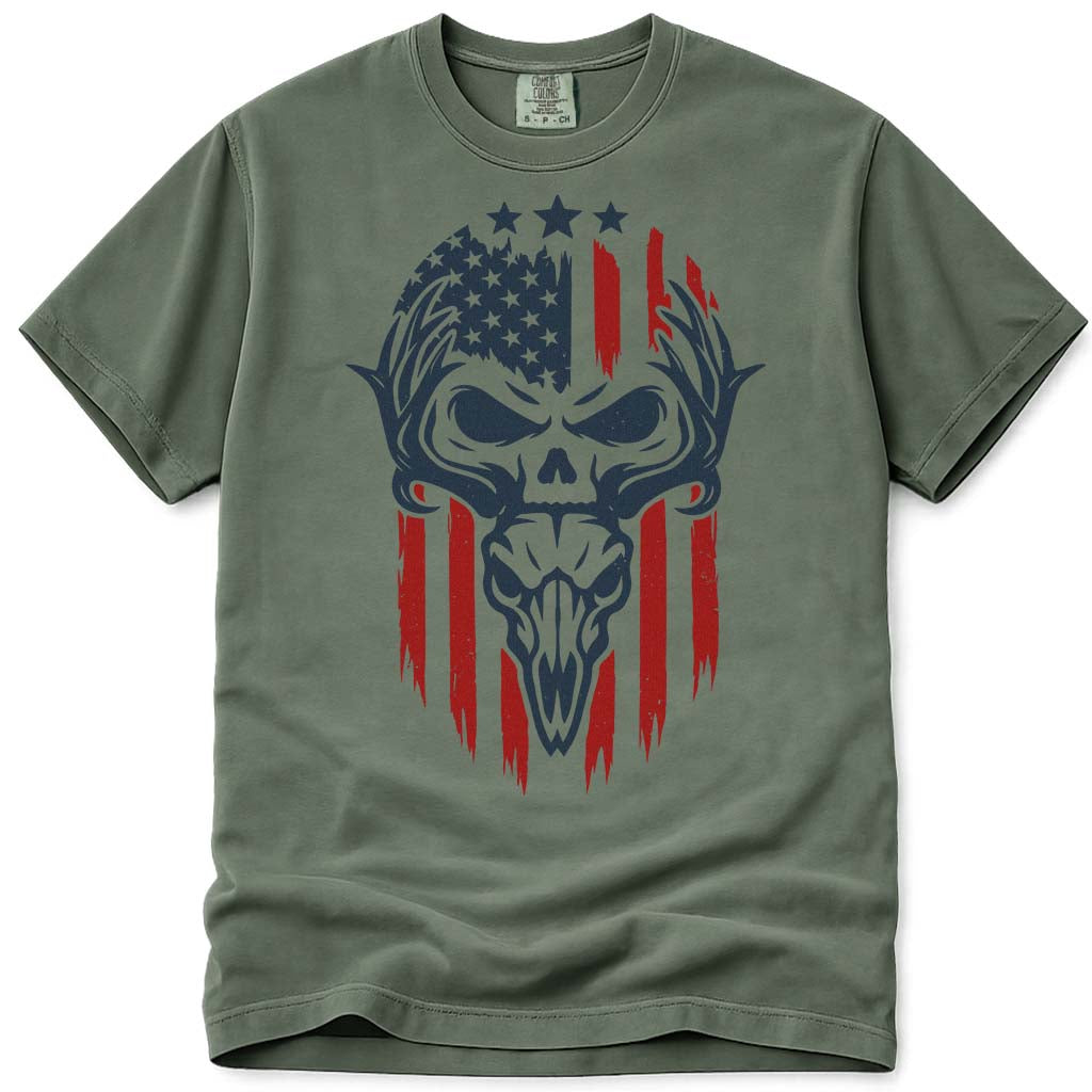 USA Patriotic Deer Skull Hunting T Shirt - Moss