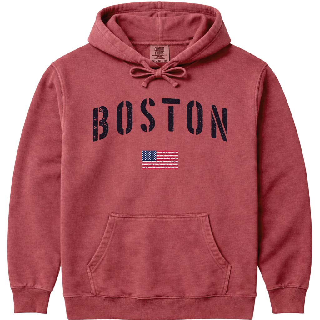 USA Flag Vintage Boston Hoodie Sweatshirt - Crimson