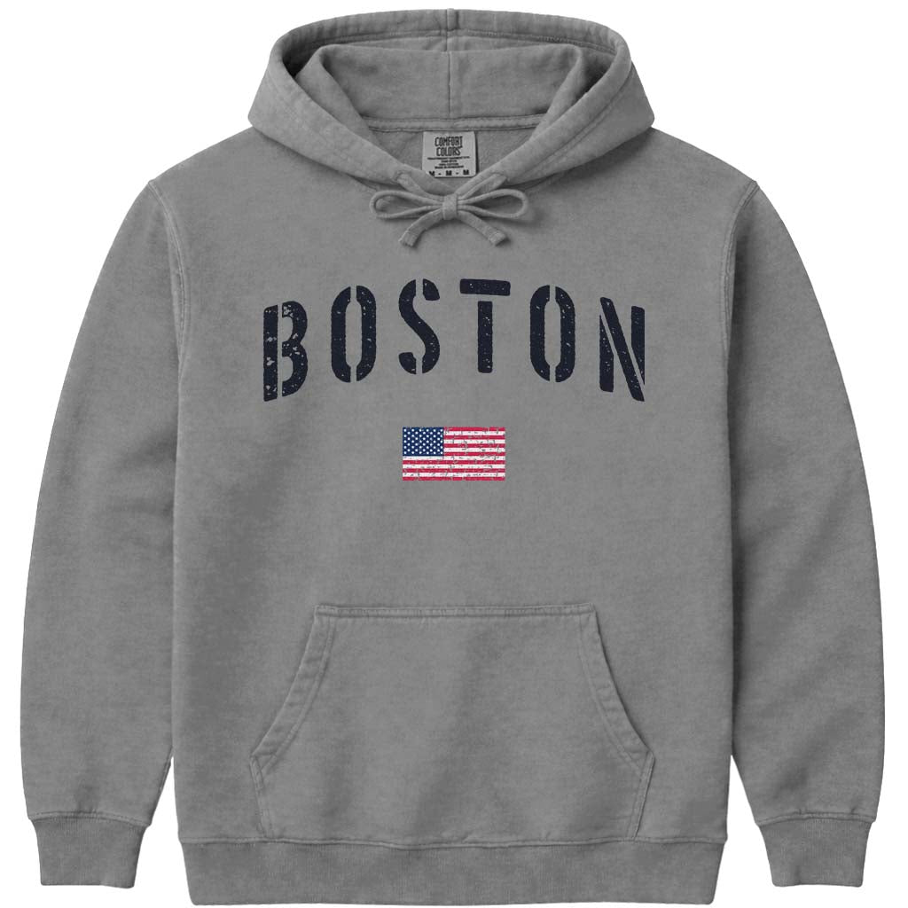 USA Flag Vintage Boston Hoodie Sweatshirt - Grey