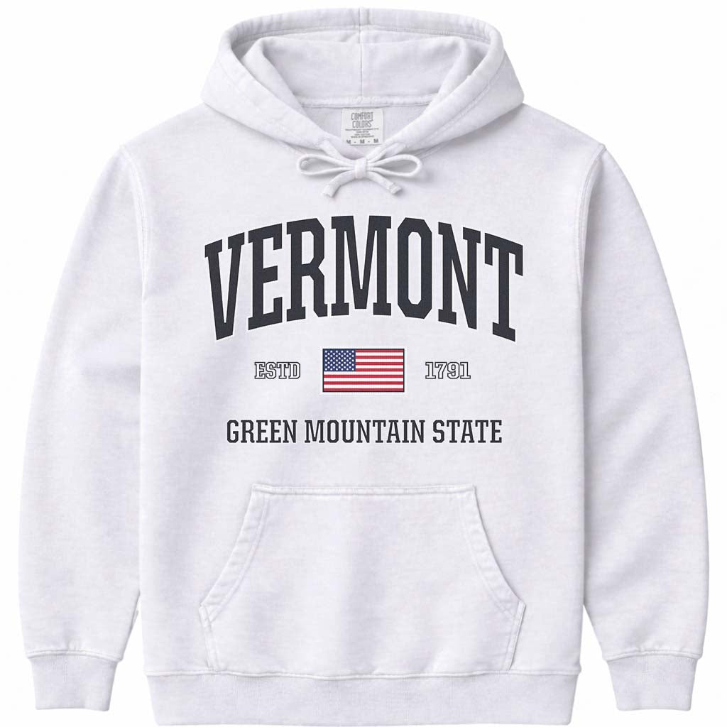 USA Vermont Hoodie Sweatshirt Patriotic American Flag VT Hooded Sweatshirt - White