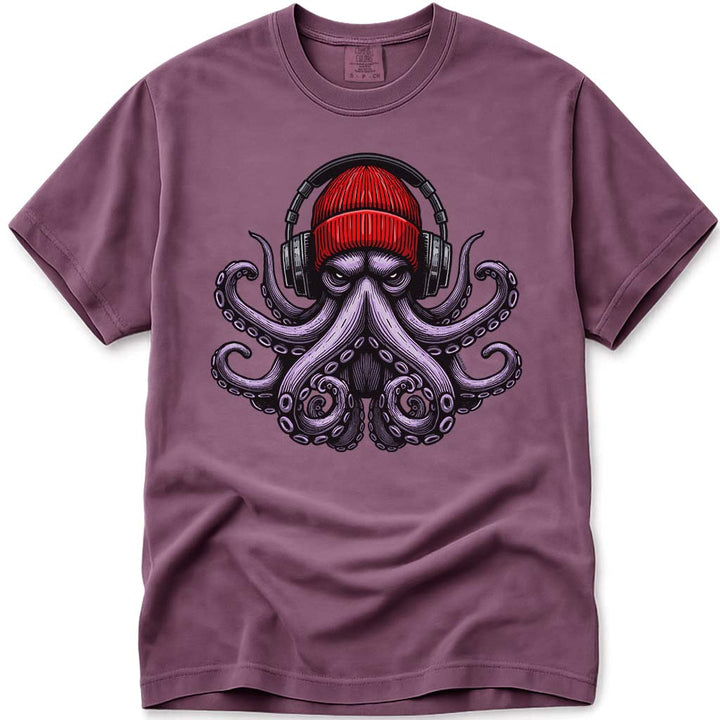 UrbanOctopus Wearing A Red Beanie Headphones T Shirt - Berry