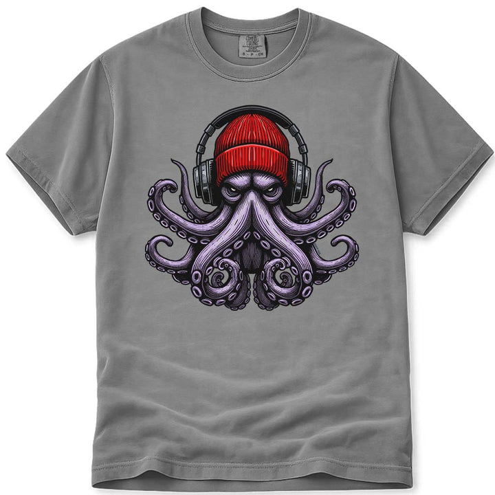 UrbanOctopus Wearing A Red Beanie Headphones T Shirt - Grey