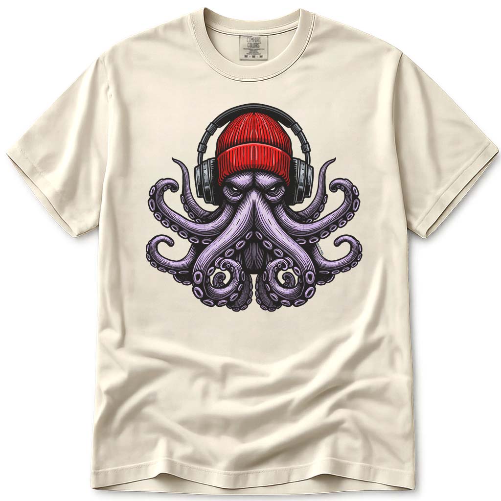 UrbanOctopus Wearing A Red Beanie Headphones T Shirt - Ivory