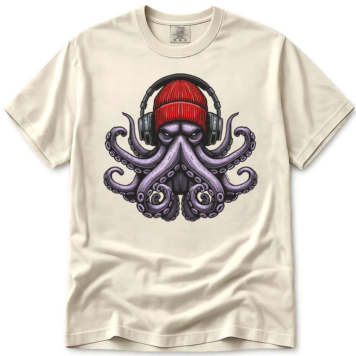 UrbanOctopus Wearing A Red Beanie Headphones T Shirt - Ivory