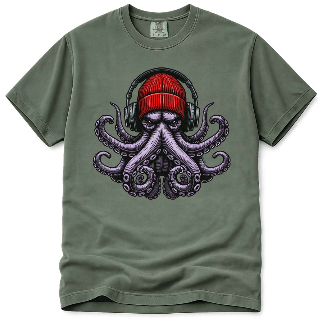 UrbanOctopus Wearing A Red Beanie Headphones T Shirt - Moss