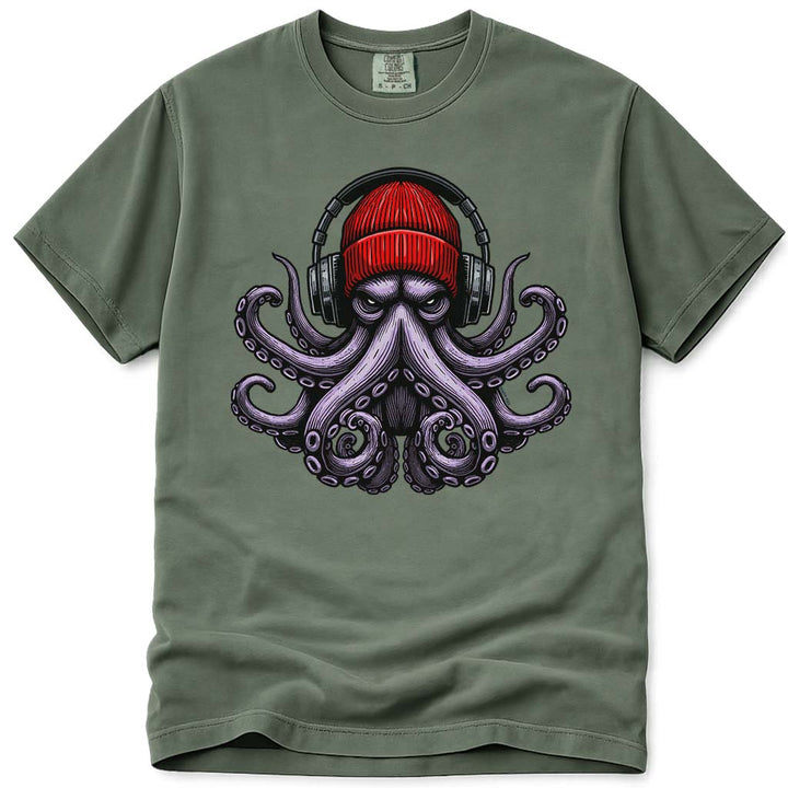 UrbanOctopus Wearing A Red Beanie Headphones T Shirt - Moss
